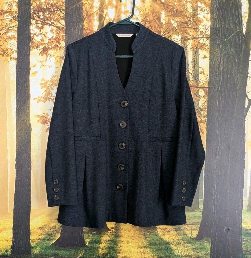 Soft Surroundings Women's Blazer Jacket Petite Medium PM Blue Buttons Pleats